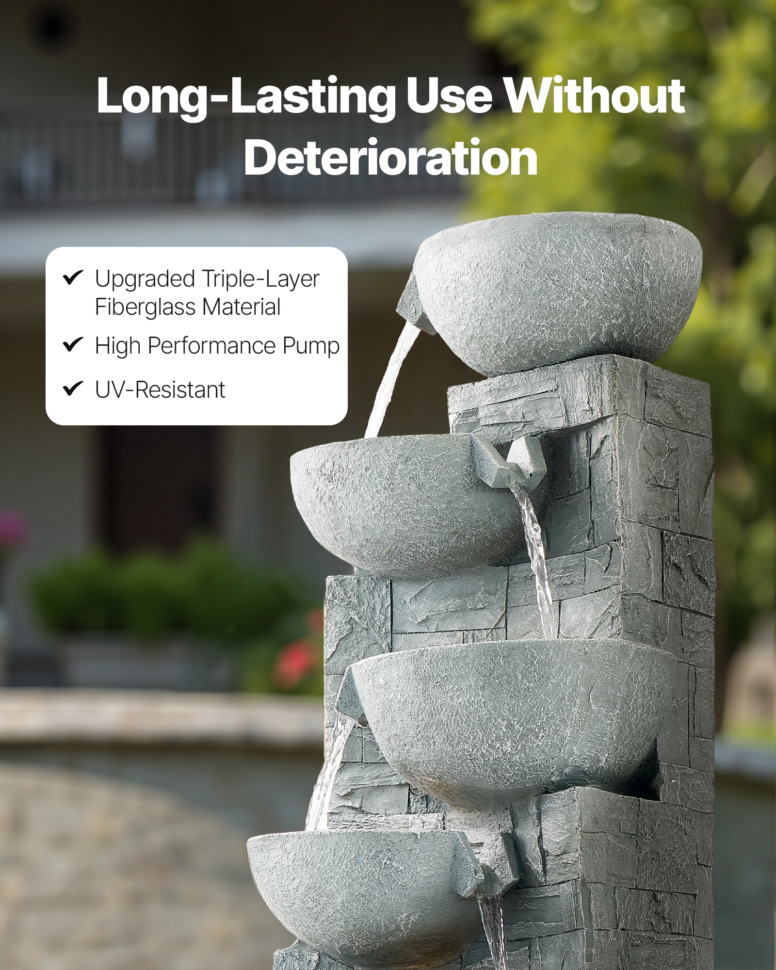 VEVOR Outdoor Water Fountain, 31.5 in Height Fountain and Waterfall, 5-Tier Floor Standing Bowl-Shaped Cascading Fountains with LED Light and Pump, for Outdoor Indoor Garden, Home, Patio & Backyard