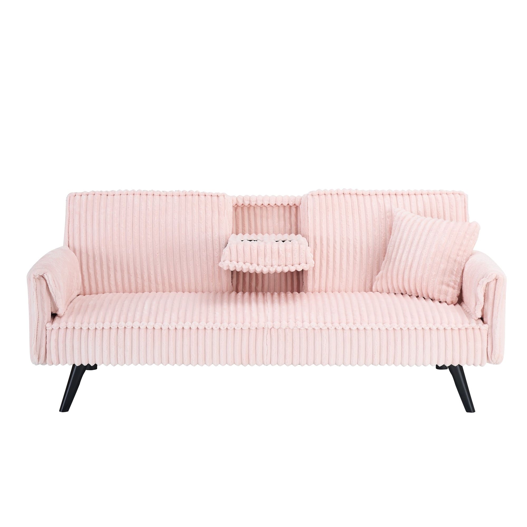 Aukfa Corduroy Futon Convertible Sofa Bed, 2 Cup Holders& Pillow, Straight-line Tufted, Pink