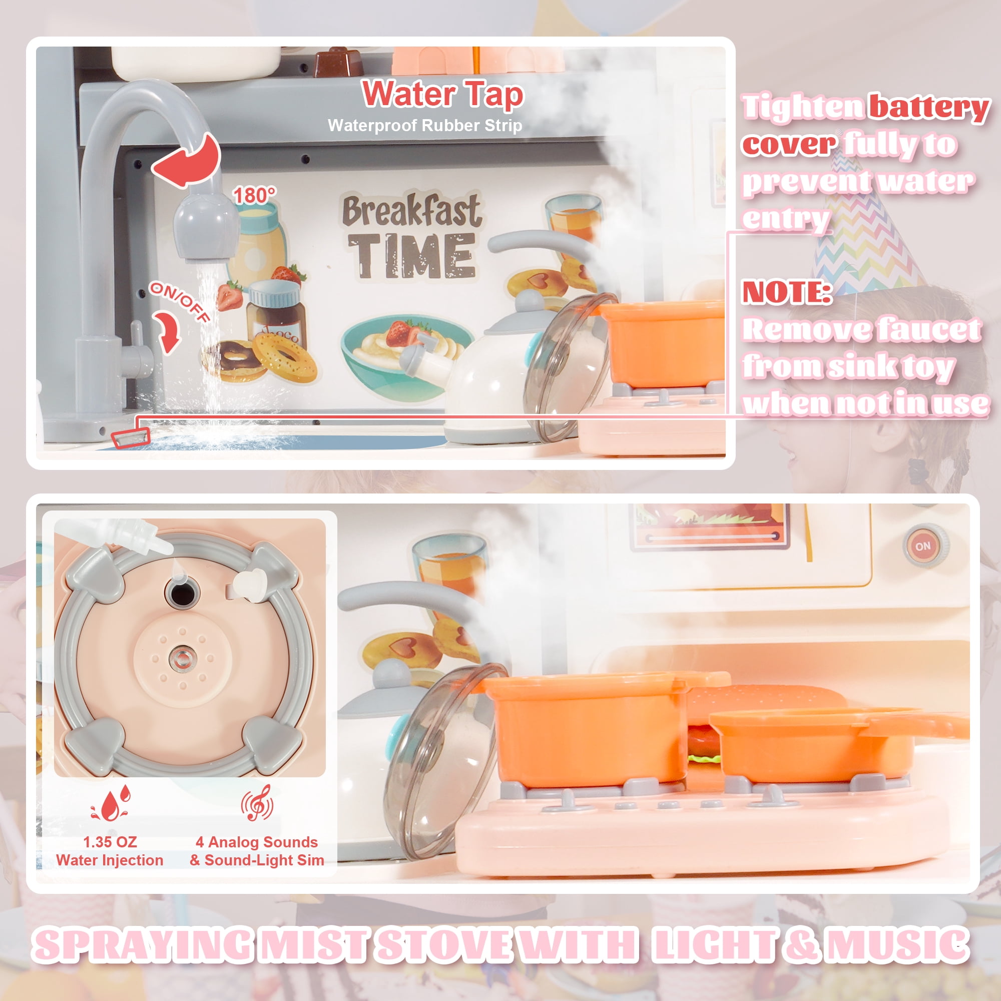 Signature Fitness 49-Piece Toddler Kitchen Playset，Pretend Food，with Stove, Sink, and Accessories, Interactive Lights & Sounds, Ideal for Ages 3+