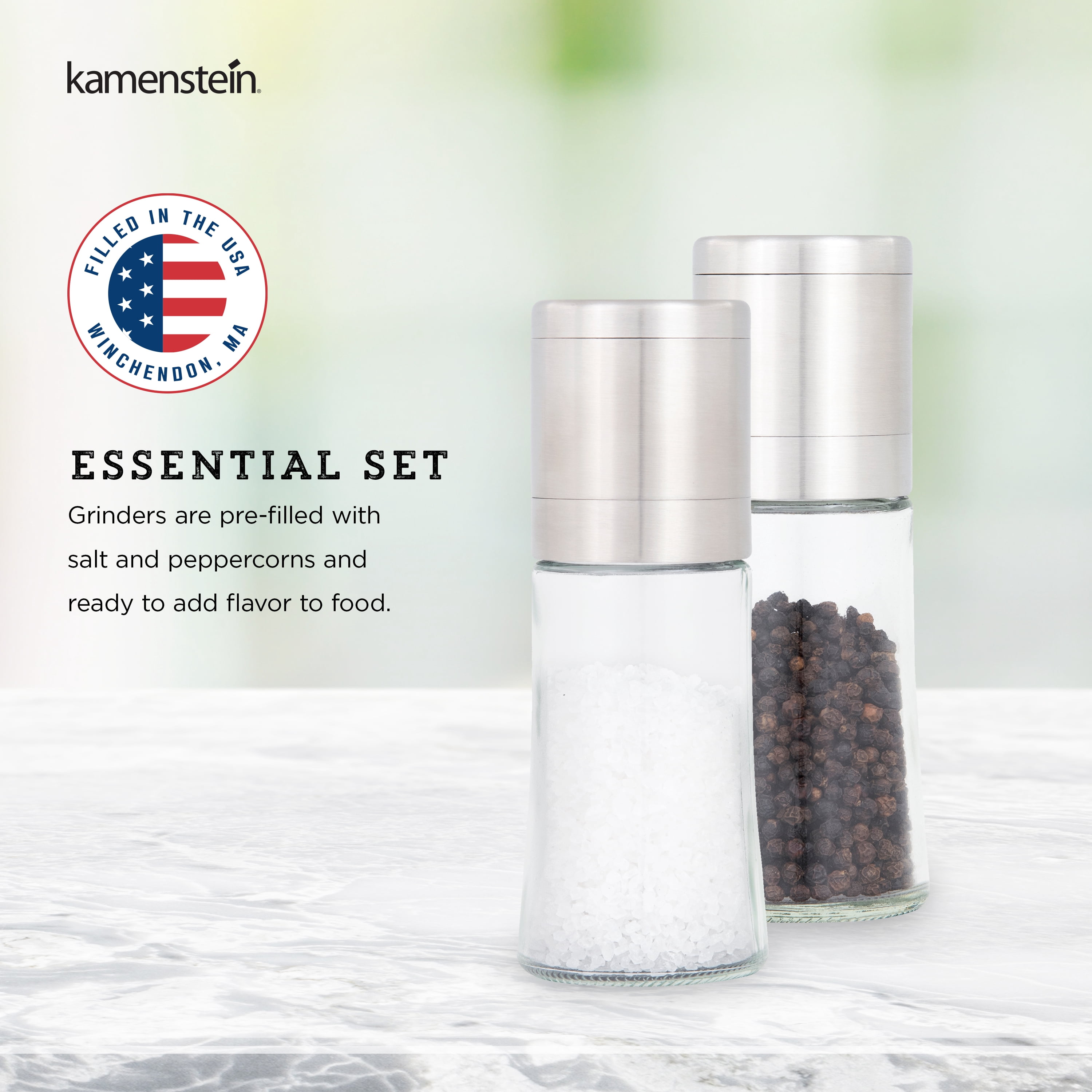Kamenstein Elite Prefilled Salt and Pepper Grinder Boxed Set with Peppercorn Refill Jar