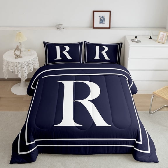 Erosebridal Initial R Letter Bedding Sets King with Comforter, Navy Comforter Sets King Size, Chic Monogrammed Reversible Down Comforter, Microfiber Room Decor, 3 Pieces