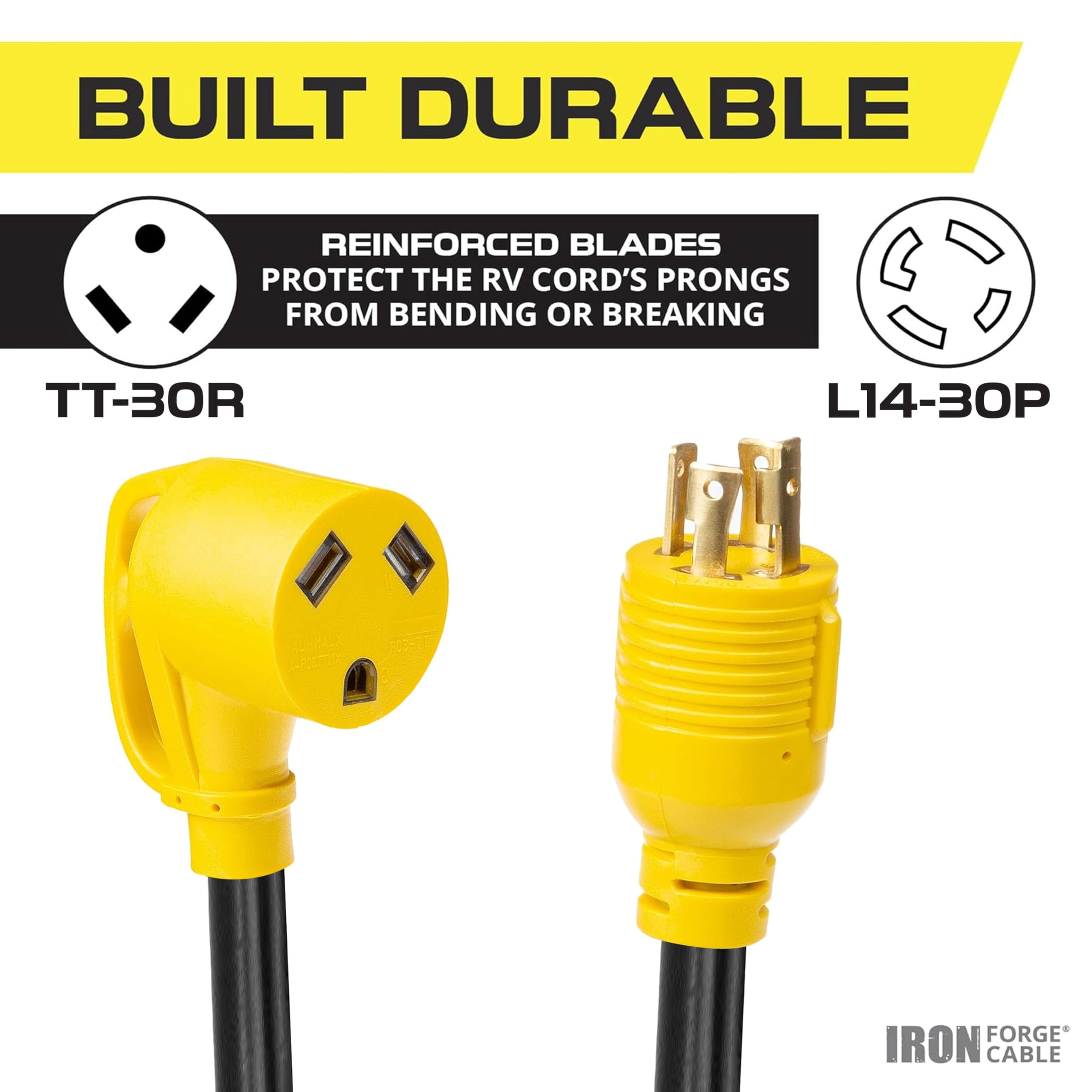 Iron Forge Cable RV Cord, Generator and RV Electrical Adapter Power Cord, TT-30R Female Plug to L14-30P Male, 12 inch Plug Adapter - 10/3 STW Yellow