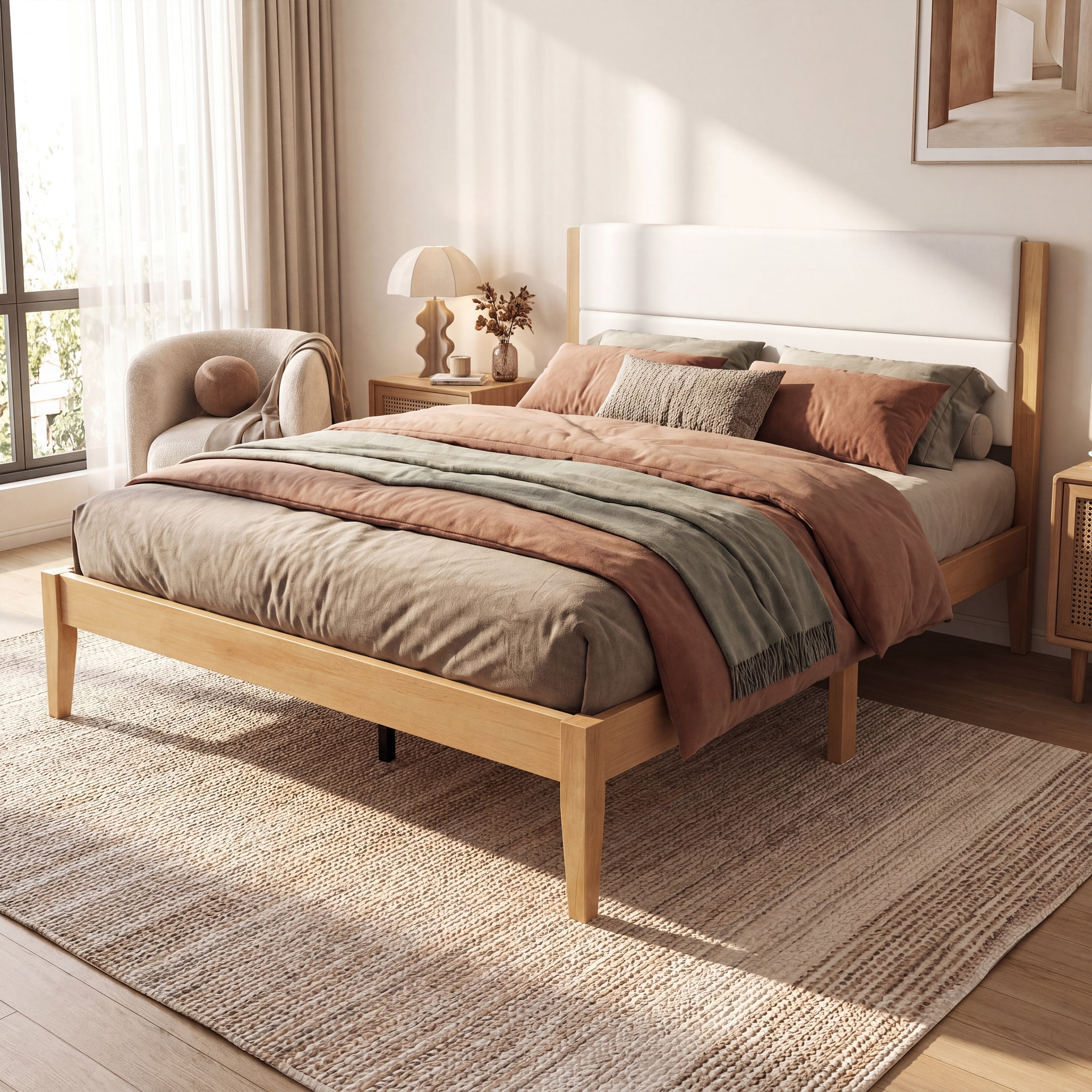 King Size Modern Wood Platform Bed Frame with Upholstered Headboard, No Box Spring Needed