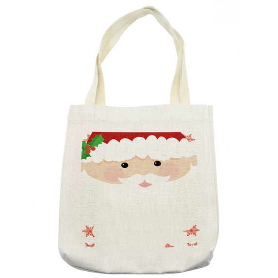 Christmas Tote Bag, Cartoon Face of Santa with Pink Cheeks White Beard and Mistletoe on His Hat, Cloth Linen Reusable Bag for Shopping Books Beach and More, 16.5" X 14", Cream, by Ambesonne