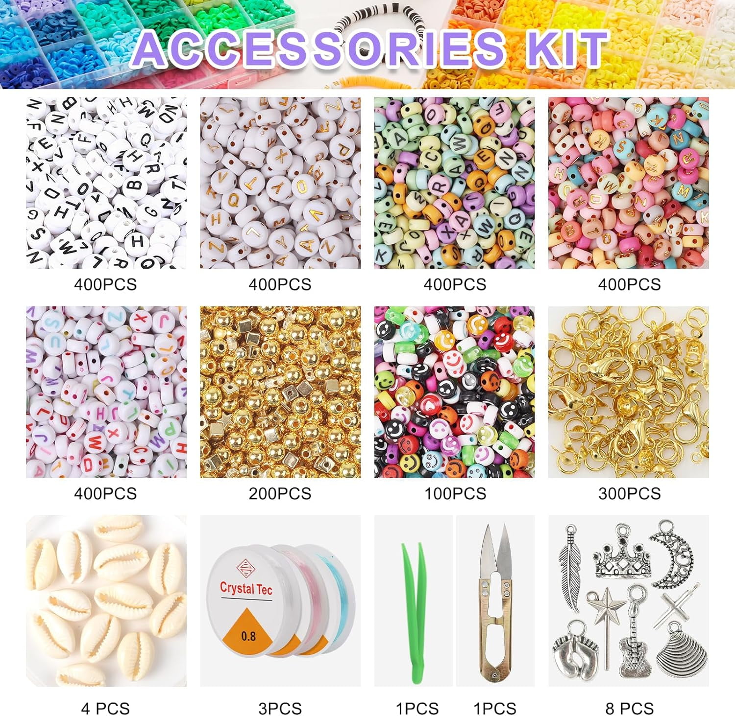 23000Pcs Clay Beads Bracelet Making Kit, 6Boxes 125Colors Friendship Polymer Beads and 5 Styles Letter Beads with Jewelry Making Accessories and 3 Rolls Crystal Cord for Crafts Christmas Gifts