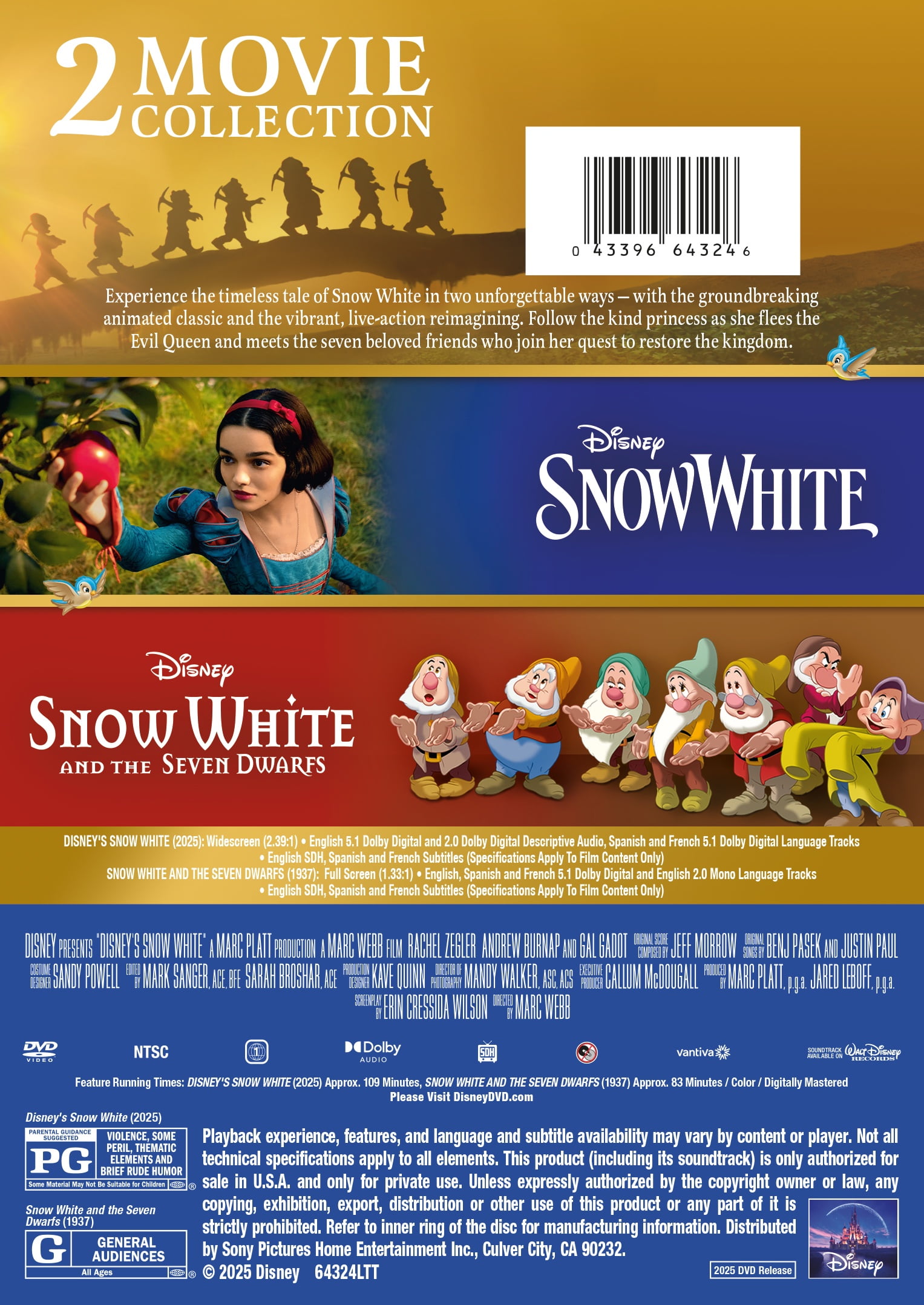 Free Shipping! Disney Snow White 2 Movie Collection DVD 1937 2025