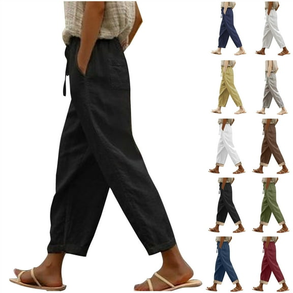 QATAINLAV Cotton Linen Pants for Women 2025 Summer Casual Drawstring Elastic High Waisted Lounge Trousers Solid Color Lightweight Beach Pant with Pockets White XXL Summer Savings