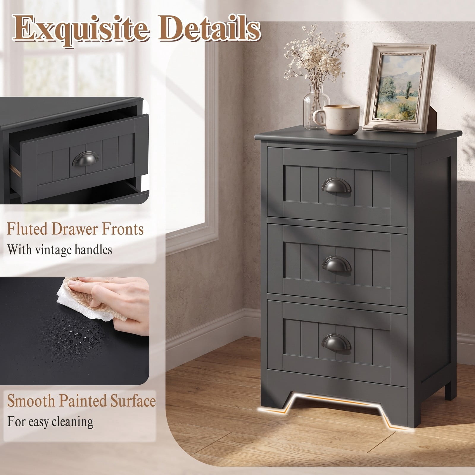 Furnibear 3 Drawer Nightstand with Cup Pull Handles, Farmhouse Bedside Table and Storage Cabinet for Bedroom and Living Room, Black
