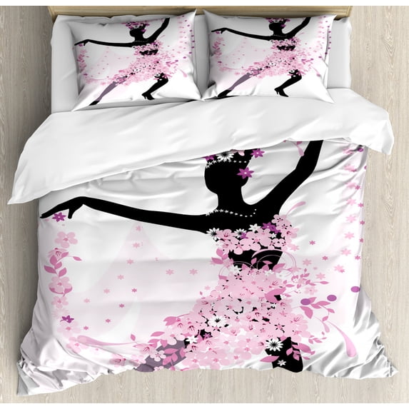 Latin Duvet Cover Set Queen Size, Silhouette of a Woman Dancing Samba Salsa Latin Dances Spain and Mexico Culture Print, Decorative 3 Piece Bedding Set with 2 Pillow Shams, Pink Black, by Ambesonne