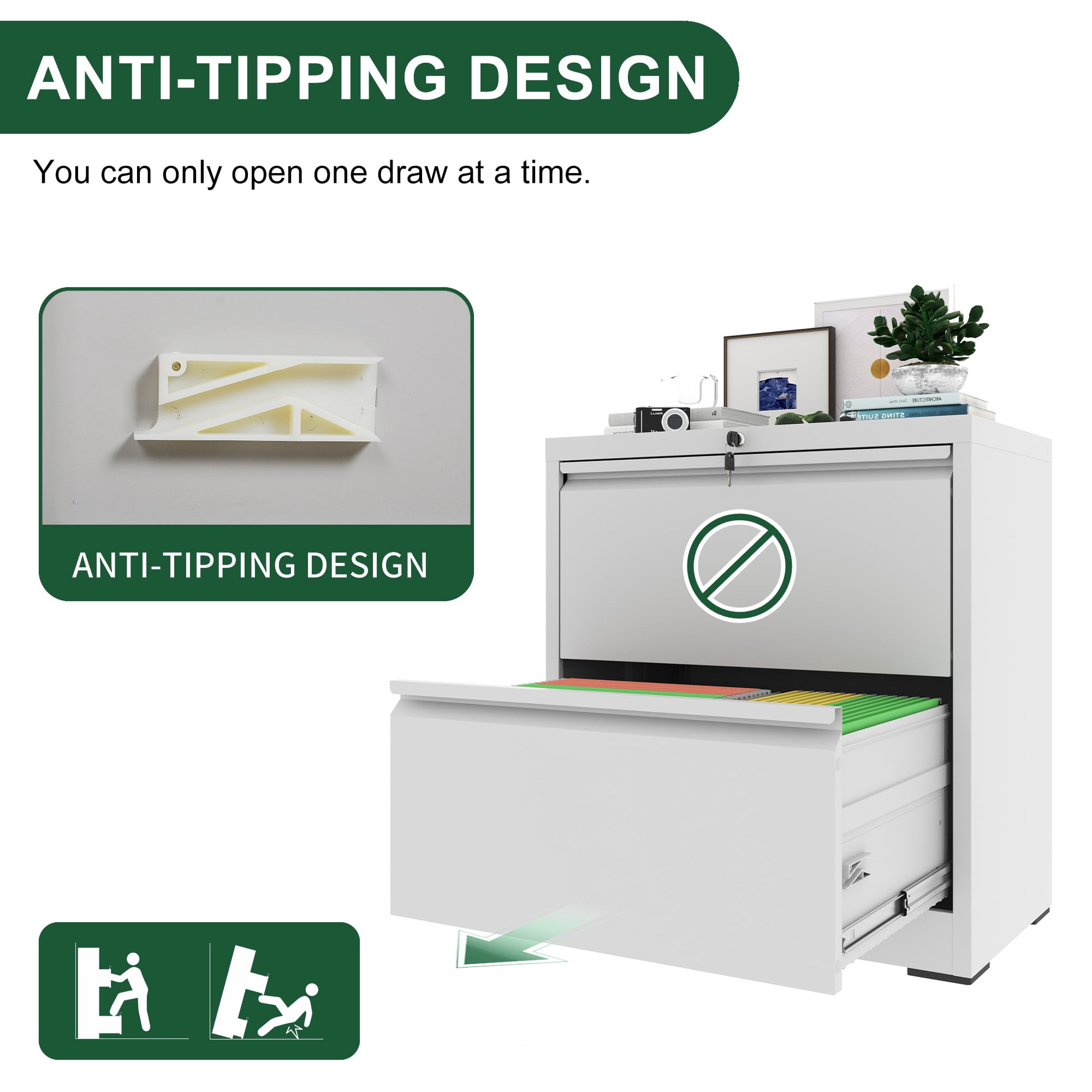 2 Drawer Lateral File Cabinet with Lock, Metal Lateral Filing Cabinet for Home Office, Steel Wide Horizontal Filing Cabinets for Letter/Legal/A4/F4 Hanging Files (White)