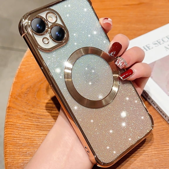 for iPhone 14 Plus Magnetic Case,Luxury Clear Gradient Sparkly Glitter Plating Edge Case Compatible MagSafe for Women Girls Soft TPU Shockproof Slim Phone Case,Gold