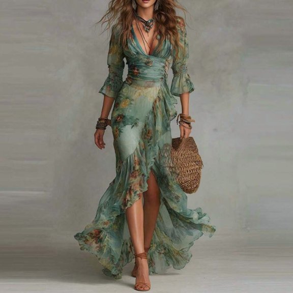 Green Floral Print V-Neck Wrap Maxi Dress With Ruched Waist And Flared Sleeves