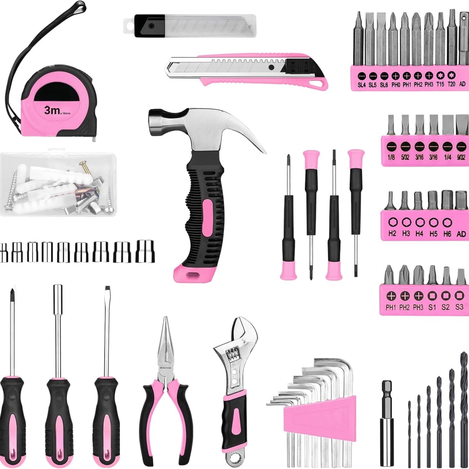 Drill Set, Home Tool Set with 8V Pink Cordless Drill, Hand Tool Kit for Women, 126 pcs