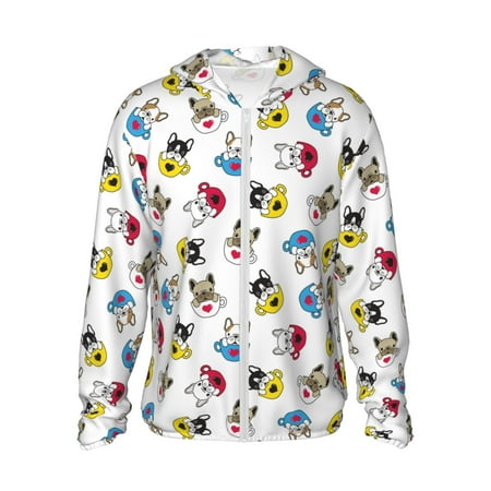 Sigee French Bulldog With Coffee Cup Print UPF50+ Men s Sun Protection Hoodie Shirt SPF UV Shirt Long Sleeve Fishing Outdoor Lightweight S-3XL