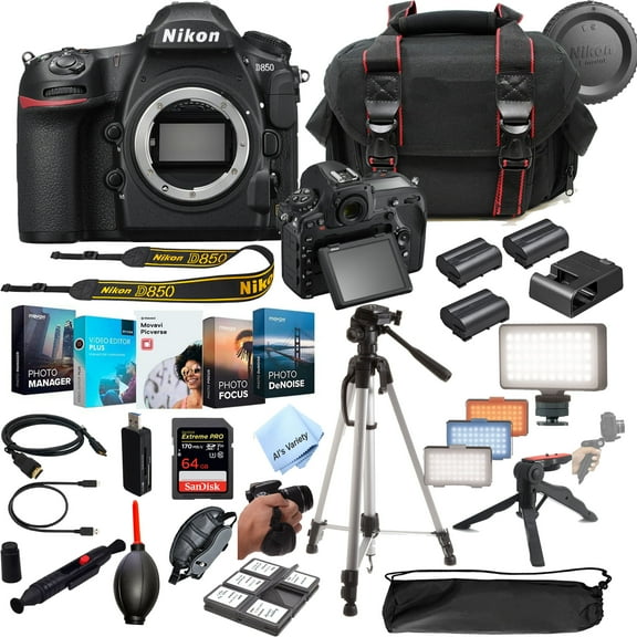 Nikon D850 DSLR Camera 45.7 MP Body No Lens- 64GB Extreme Speed Card, LED Always on Light, Tripod,Gripod, Case, and More 30pc Video Bundle