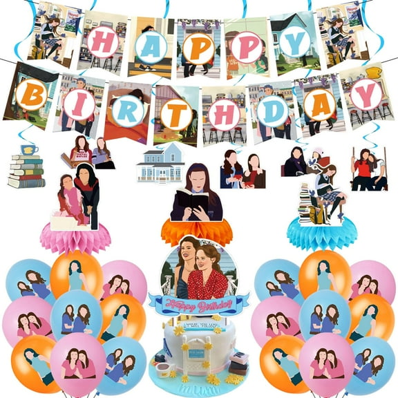 35 Pieces Girl Party Decoration, Include KKS1 Gil More Birthday Banner Table Honeycomb Centerpieces Cake Topper Girls Party Latex Balloons for Girl Birthday Party Supplies