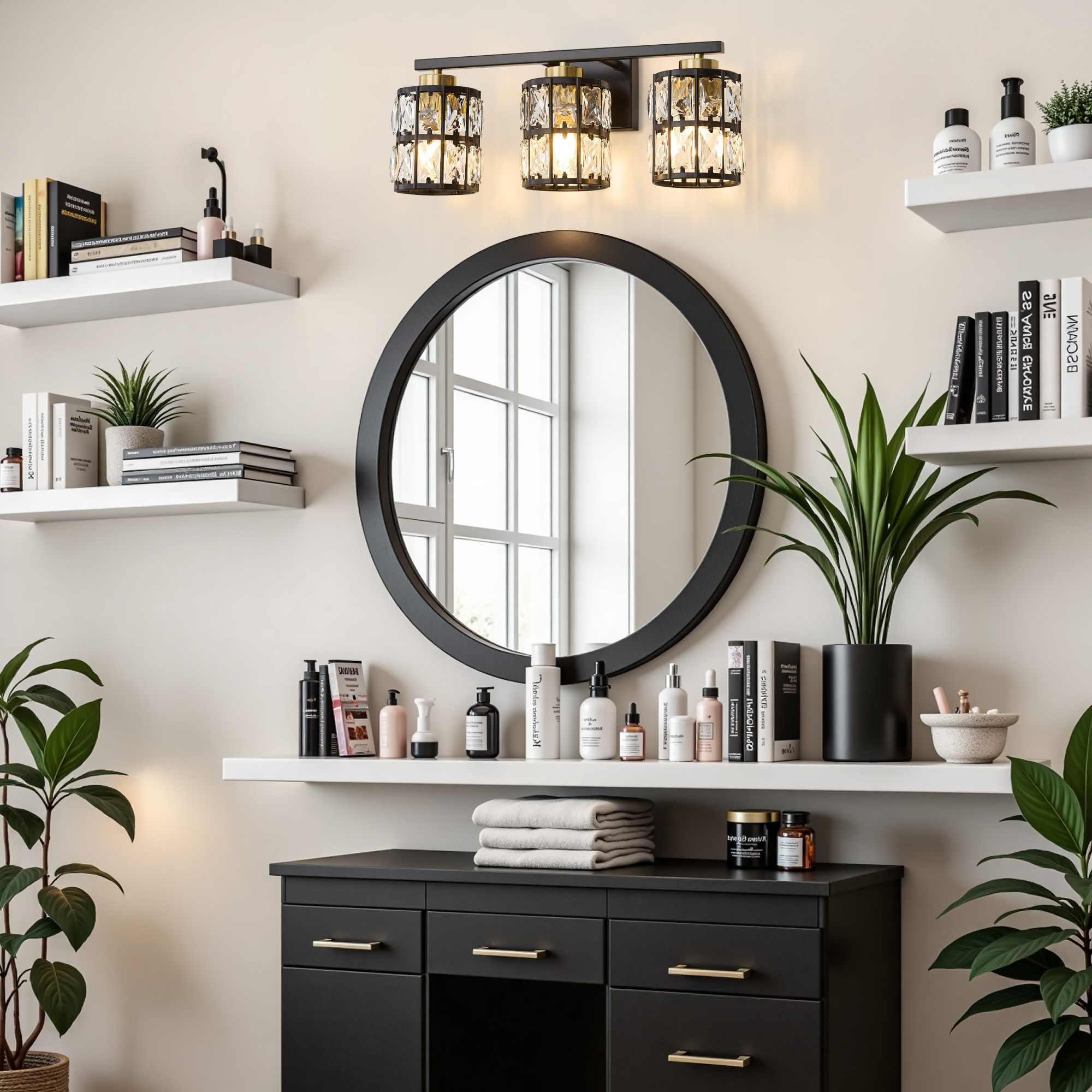 Deyidn 3-Light Black&Gold Bathroom Vanity Light, 18.9" Dimmable Modern Wall Mirror Light Fixture with Cylinder Crystal Shades for Bathroom, Powder Room