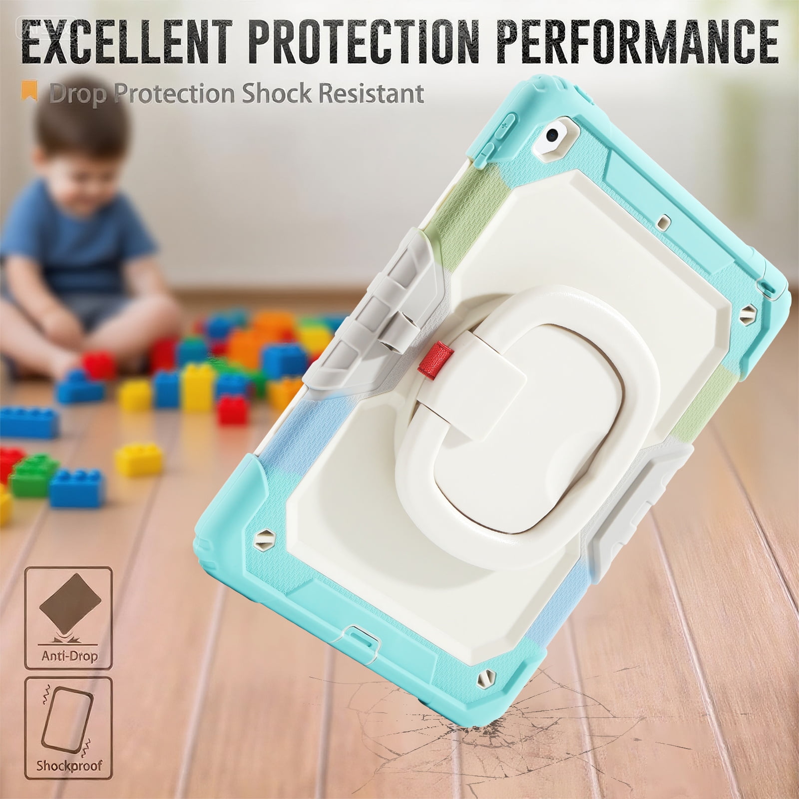 DOMAVER Case for iPad 9th/8th/7th Generation (iPad 10.2 inch, 2021/2020/2019), Heavy Duty Rugged Cover for Kids with Screen Protector, Pencil Holder, Rotating Stand/Handle, Rainbow Blue