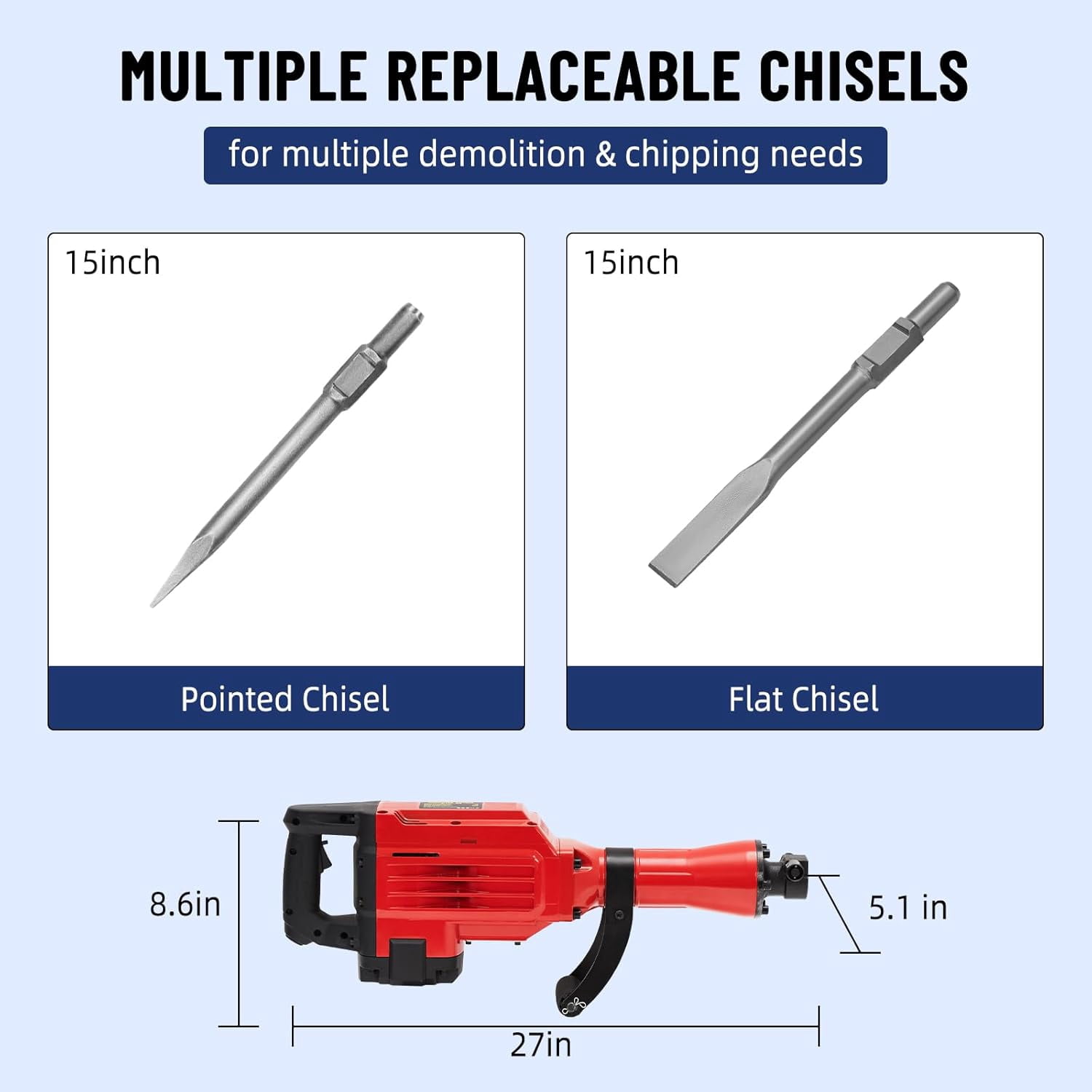 Demolition Hammer, Heavy Duty 3600W Electric Jackhammer, 1800 BPM Concrete Breaker 2pcs Chisels Bit Chipping W/Case, Gloves