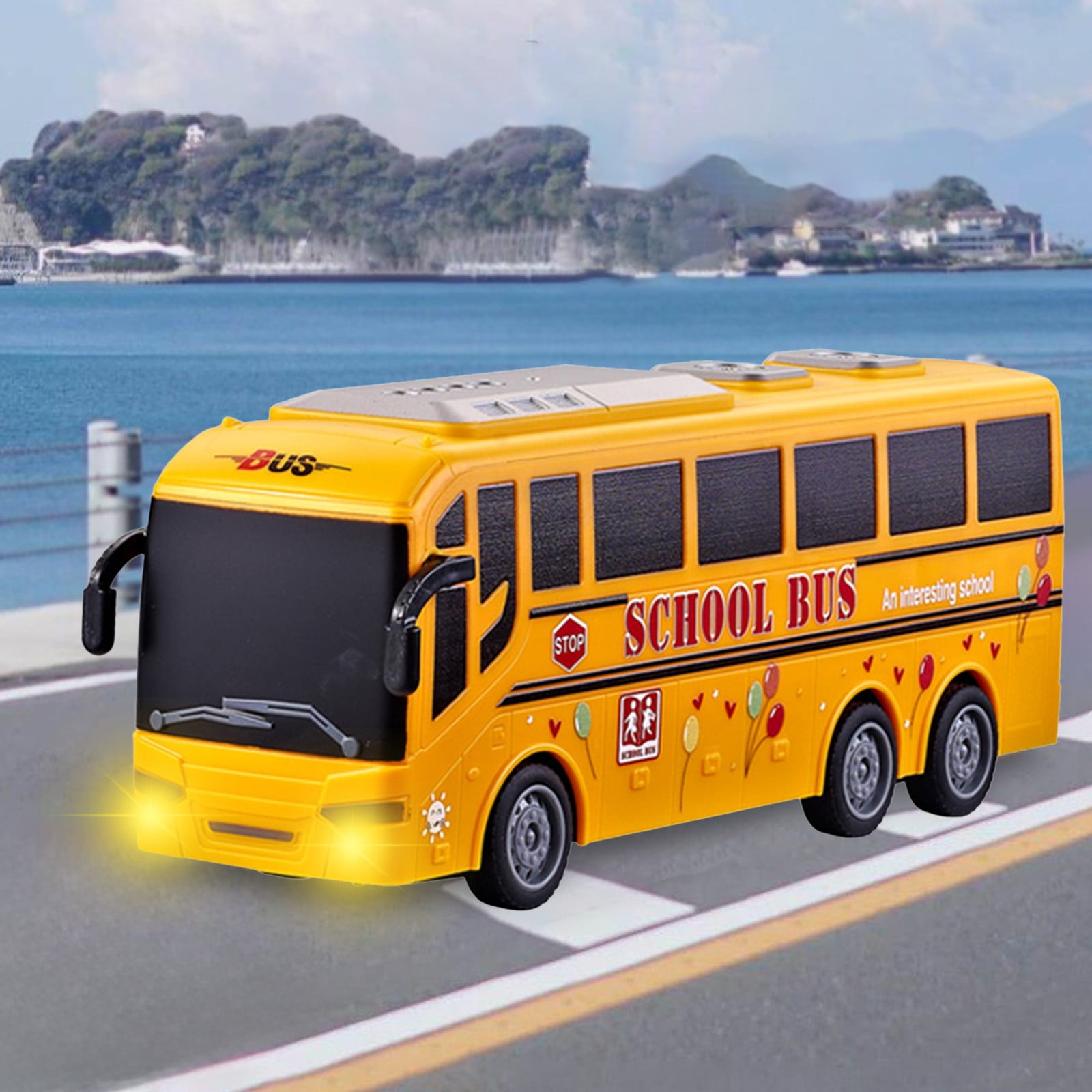 SPOORYYO Remote Control Bus Toy Car, 1:30 Scale Simulation Model with LED Lights, Four Way Driving, User Friendly Remote Controller