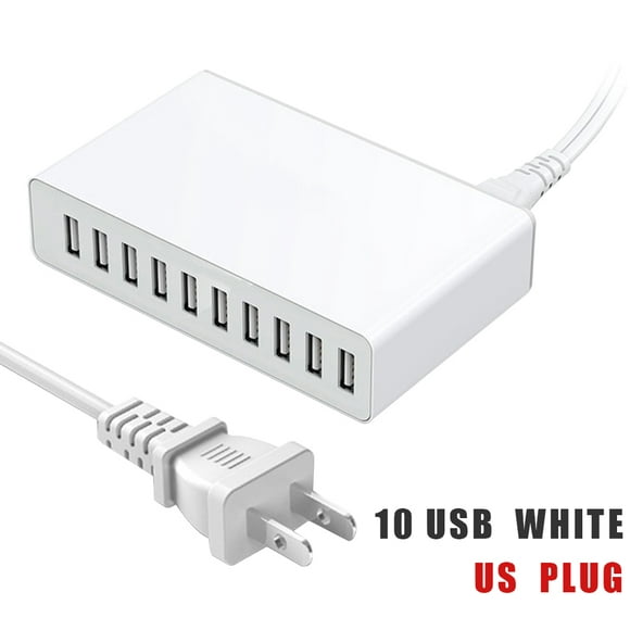10-port USB Charger Mobile Phone Tablet MP3 MP4 USB Power Adapter Desktop Charging Station, White, US Plug Workhe