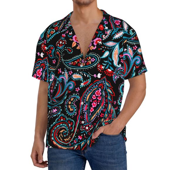 Vsdgher Paisley Print Men's Cuban Shirt, Hawaiian Shirts, Business Casual Button Down Shirts, Short Sleeve Shirt-Medium