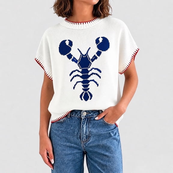 PAFNAFHF Short Sleeve Sweaters for Women Lobster Graphic Color Block Crew Neck Breathable Thin Casual Knit Tops Blue L