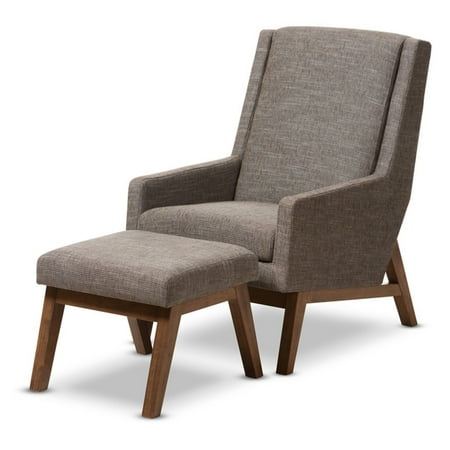 Lounge Chair And Ottoman Set Baxton Studio Aberdeen Mid-Century Modern Walnut Wood Finishing and Gravel Fabric Upholstered Lounge Chair and Ottoman Set ()