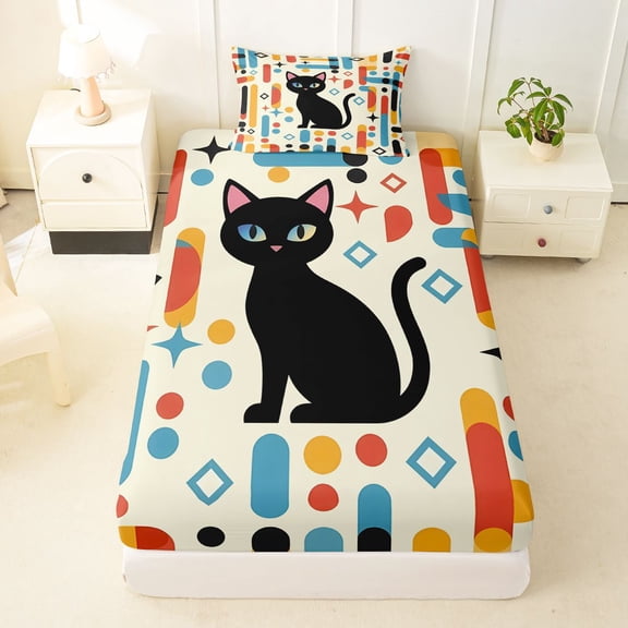 Manfei Mid Century Black Cat Twin Fitted Sheet, Boho Rectangle Bedding, Cream Red Blue, 2 Pieces, 1 Fitted Sheet and 1 Pillowcase