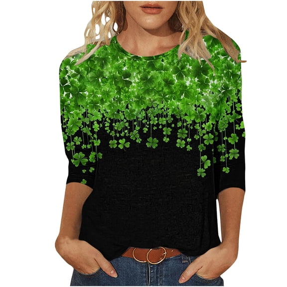 St. Patricks Day Shirts for Women 3/4 Sleeve Crew Neck Casual Tops Four Leaf Clover T-Shirts Irish Festival Outfit Women