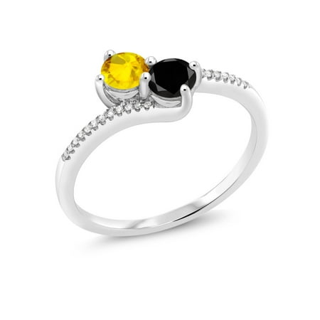 Cut Best Yellow Sapphire - 0.80 Ct Round Yellow Sapphire Black Diamond 10K White Gold Ring
