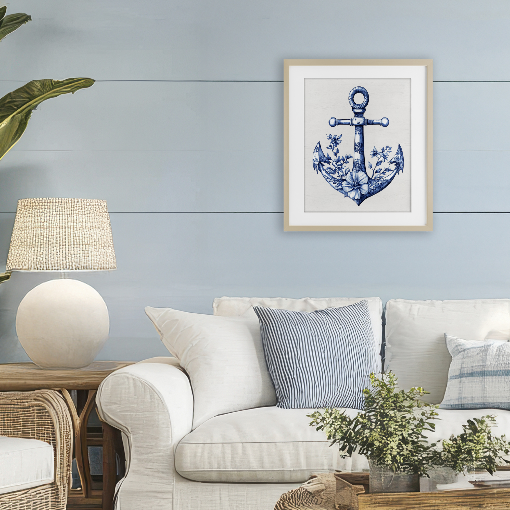 Toile Patterned Anchor Birch Framed Print Under Glass, design by Lettered and Lined