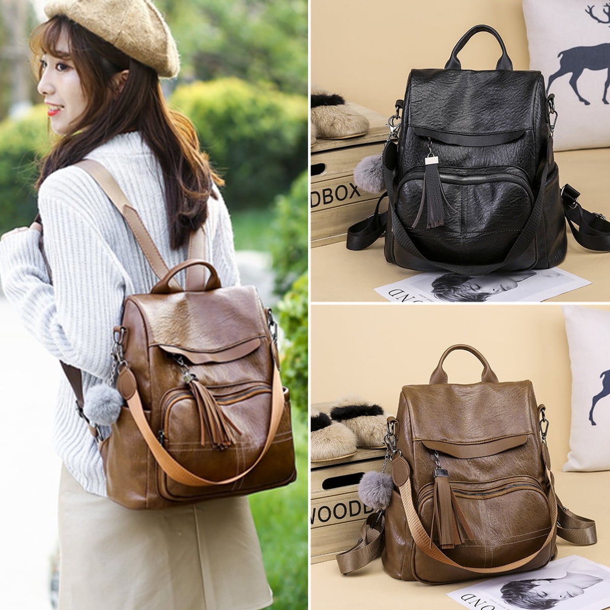 KUDOSALE - Women Girls Leather Anti-theft School Backpack Travel