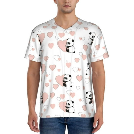 Hirioo Heart Panda for Men s Baseball T-shirt Shirts Short Sleeve Casual Summer Button Stretch T Shirts Size S-4XL-Medium