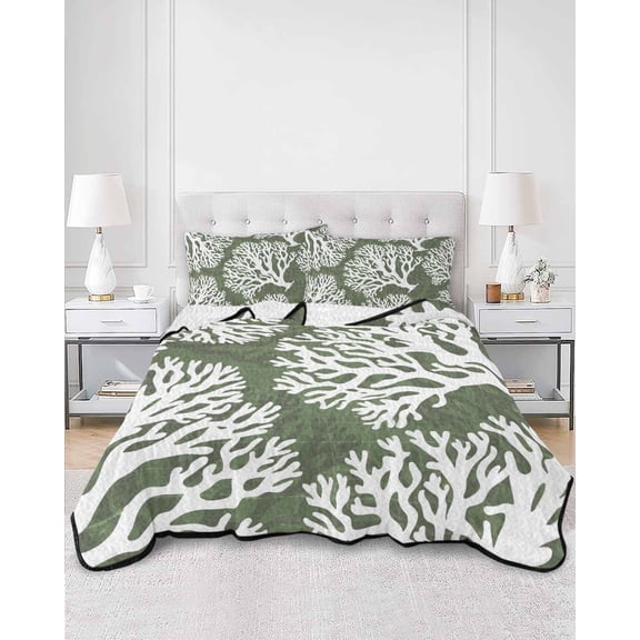 Quilts Queen Size, Dark Green Coral Coastal Soft Comforter Bedding Set for Bed, White Summer Beach Seaside Ocean Lightweight Quilted Bedspread with Pillow Cover(2 Pieces) for All Season, 90x96 Inch