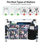 FINPAC Large Walker Tote Bag with Cup Holder, Folding Walker Attachment Hands-Free Storage Basket Mobility Aid Accessory Pouch for Elderly, Senior, Blooming Hibiscus