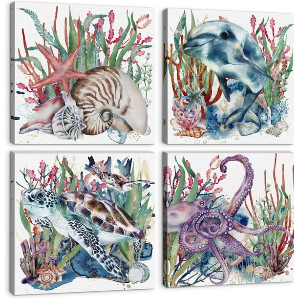 Beach Wall Art Nautical Bathroom Decor Watercolor Ocean Nursery Decor Sea Life Poster Kids Room