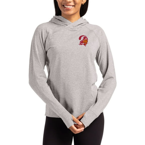 Women's Cutter & Buck Heather Gray Tampa Bay Buccaneers Throwback Logo Adapt Knit Recycled Raglan Pullover Hoodie