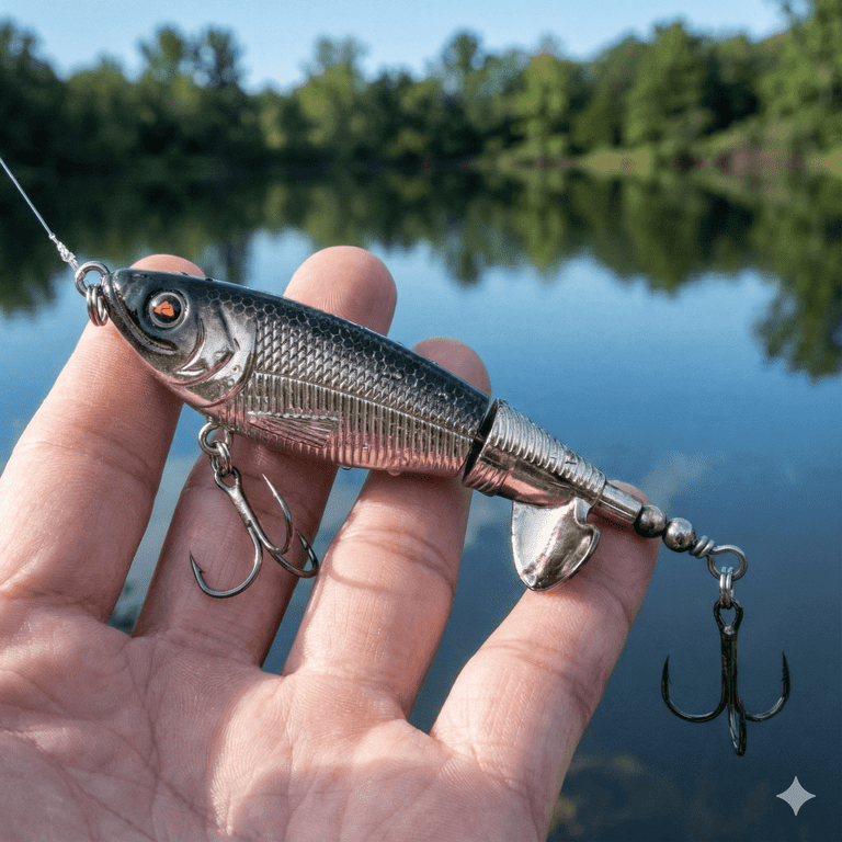 bass hits musky lure Ozark Trail 3.5 inch Topwater Prop Bait Fishing Lure for Bass, Pike, and Musky, Soft and Hard Plastic, Chrome Color