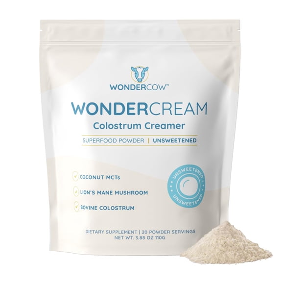WonderCow Bovine Colostrum Superfood Creamer Supplement Powder w/Organic Lions Mane Mushroom & Coconut Milk Powder MCTs | Functional Sugar Free Keto Coffee, Smoothie & Drink Mix Unsweetened