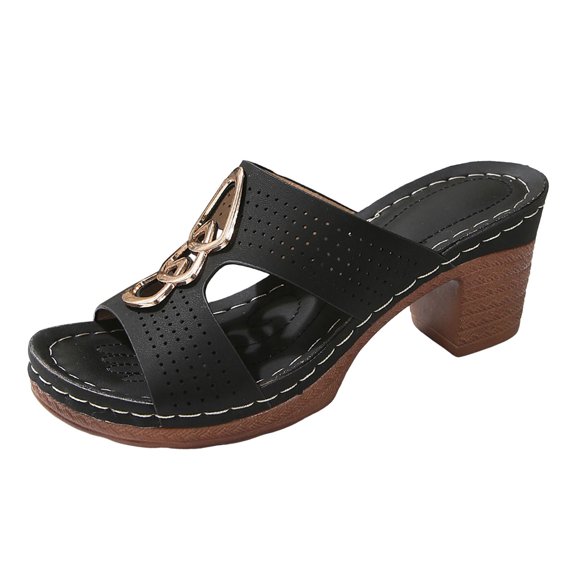 Women's Chunky Block Heels Sandals Comfortable Slip On Vacation Sandal Open Toe Dress Shoes Breathable Non Slip Mules Black Size 6.5