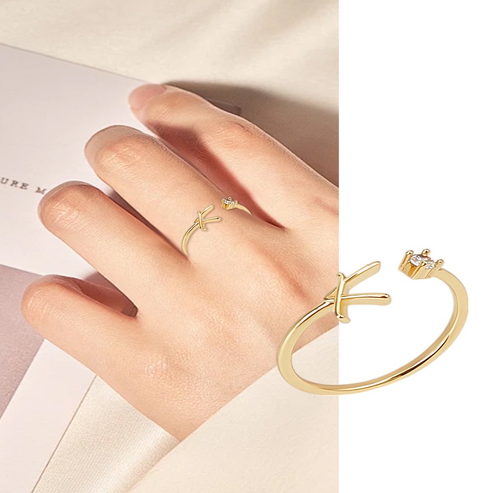 1Pcs Letter Brass Rhinestone Open Cuff Rings Golden A-Z Initial Open Ring for Women Personalized Jewelry Gifts DIY Letter K