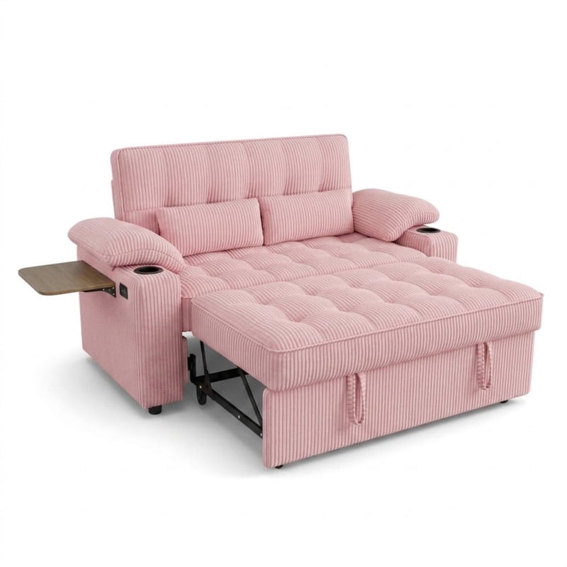 58" Sleeper Sofa Bed, Full Size Pull Out Couch, Convertible Loveseat Sofa with 5-Level Adjustable Backrest, USB Charging Ports, Cup Holders & Foldable Side Table, for Living Room, Apartment & Office
