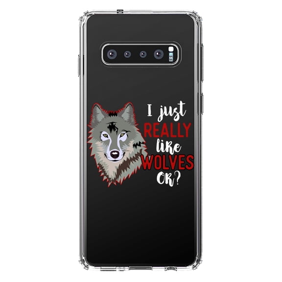 DistinctInk Clear Shockproof Hybrid Case for Samsung Galaxy S10 (6.1" Screen) - TPU Bumper Acrylic Back Tempered Glass Screen Protector - I Just Really Like Wolves OK?