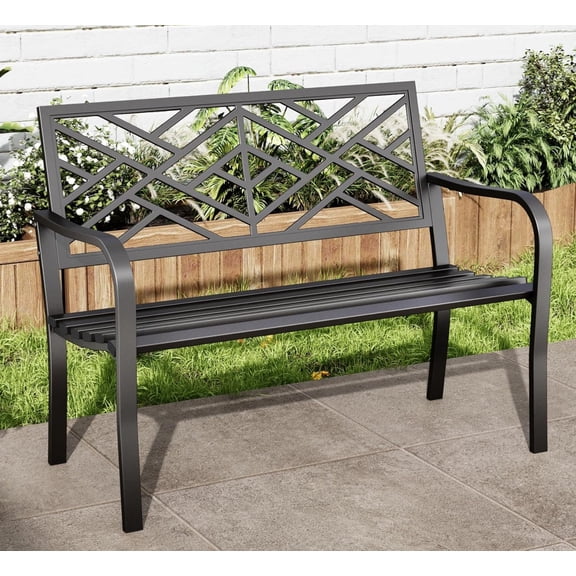 IUKRYU 43.7 Inches Outdoor Garden Bench, Cast Iron Metal Frame Patio Park Outside Benches with Geometric Pattern Backrest for Front Porch, Black