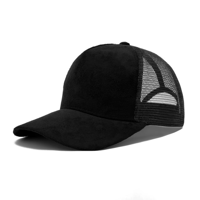 TOPTIE Suede Mesh Baseball Cap, Breathable Snapback Trucker Cap, 5-Panel Unisex Adjustable Sports Hat for Outdoor - Black