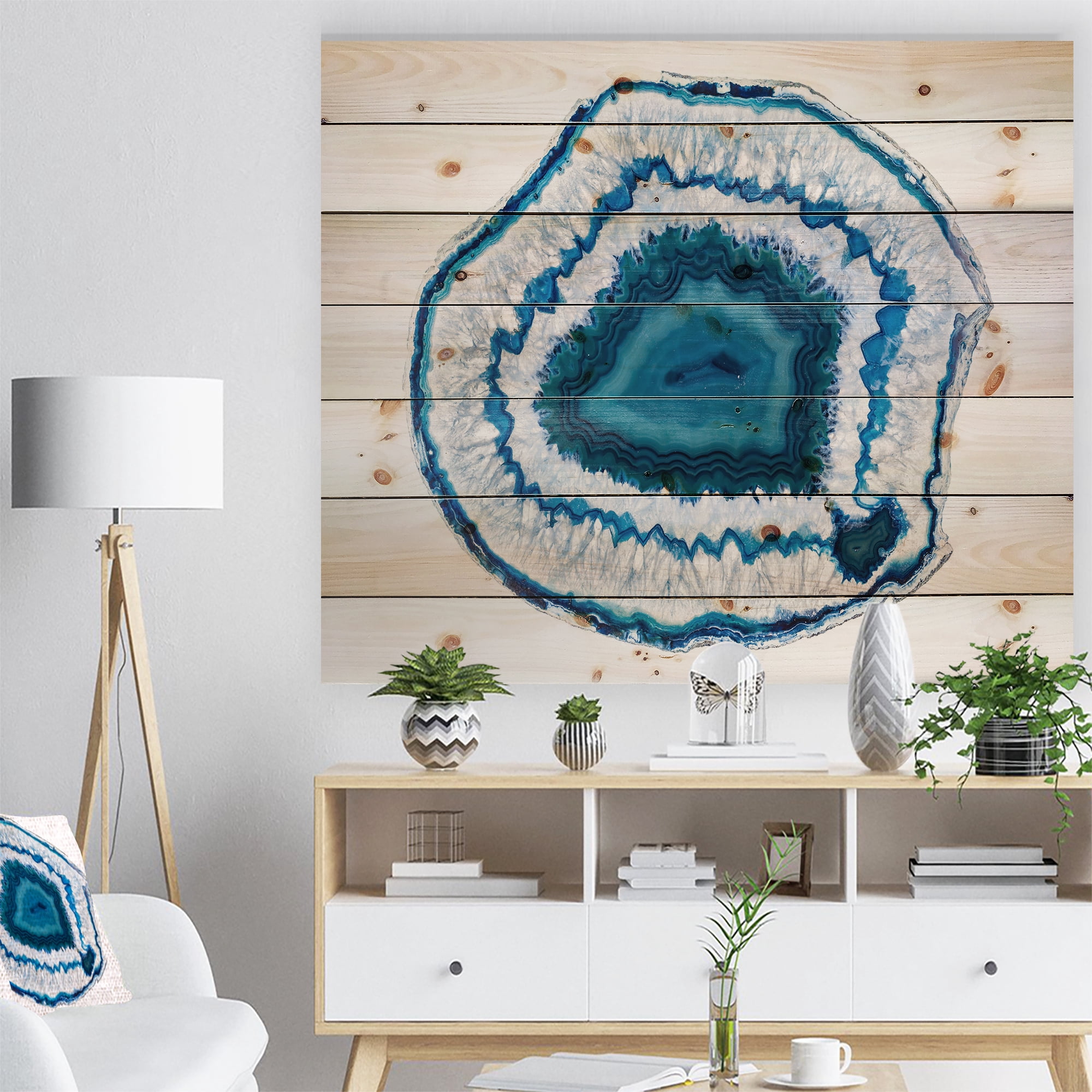 Designart Blue Agate Crystal Abstract Print on Natural Pine Wood Art Print, 20" x 12"