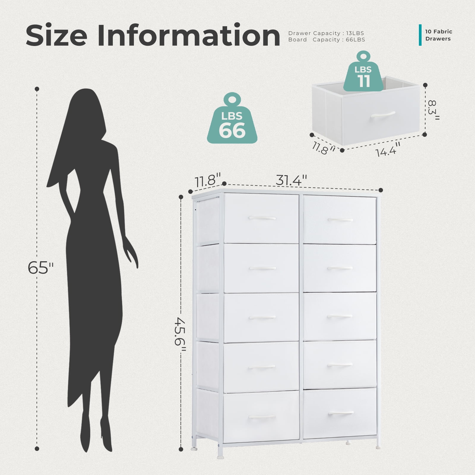 JIOABL 10 Drawer Chest Organizer with Fabric Bins, Dresser for Bedroom, Tall Steel Frame, White