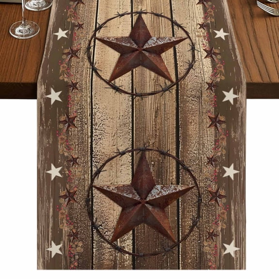Rustic Country Table Runner 120 Inches Long,Western Stars Brown Texture Wooden Print Cotton Linen Table Runners Dresser Scarves,Tabletop Scarf Furniture Cover for Home Dinner Party Decor 13"x120"