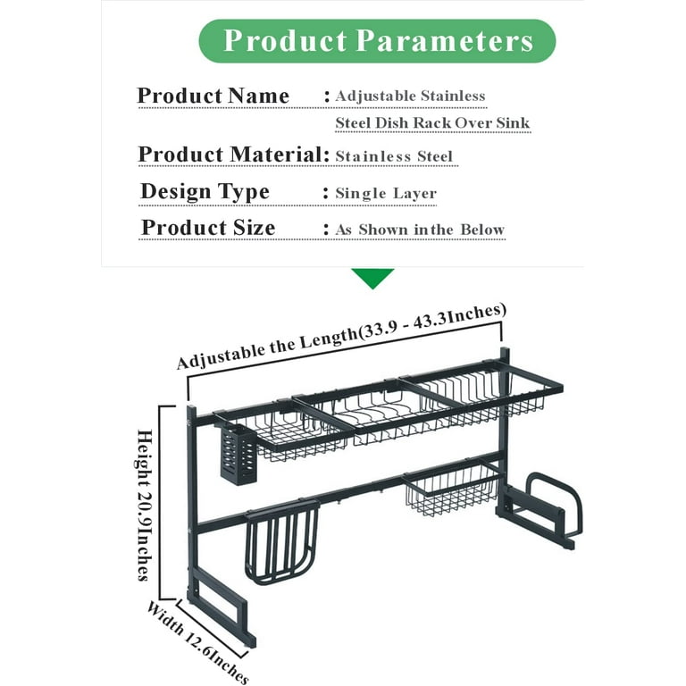 MERRYBOX Large Over The Sink Dish Drying Rack (33.4-41.3) 2 Tier Length  Adjustable Dish Drainer for Kitchen Sink Auto Drainage Space Saving Kitchen